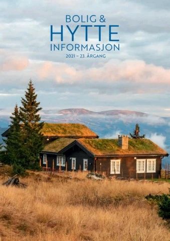Flyveblad for Bolig & Hytte Informasjon med hytter og fjellandskap.